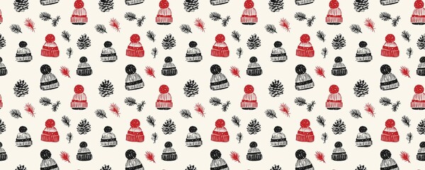 seamless pattern of Winter holiday  red black knit hats pine cones cozy festive mood 