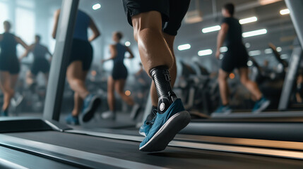 Athlete with prosthetic leg running on treadmill in modern gym