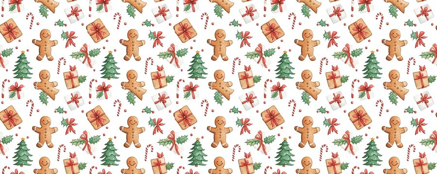 seamless pattern of Watercolor Christmas pattern brown gingerbread men red gifts green trees festive joy 
