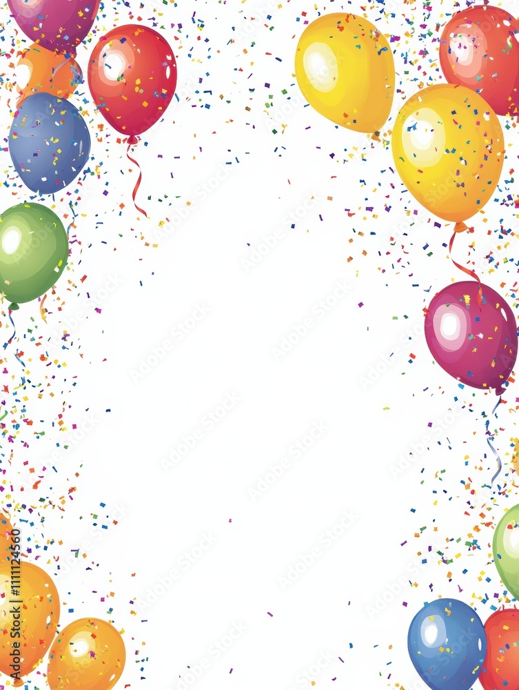 Poster Balloons in various colors and confetti scatter across a clean white background, creating a festive atmosphere perfect for celebrations. Generative AI