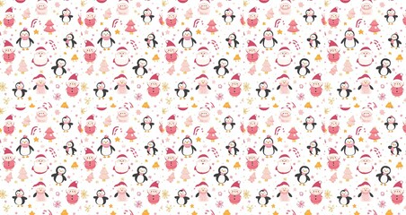 seamless pattern of Cute pink and black Christmas penguin and Santa  winter holiday design 