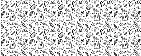 seamless pattern of Black and white hand drawn bookish love   romantic doodle style, Valentines Day 