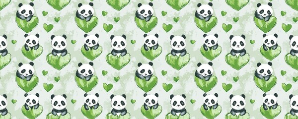 Obraz premium seamless pattern of Adorable pandas in green hearts watercolor style love concept Valentine's Day 