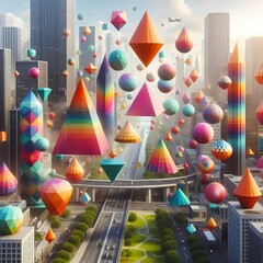 Obraz premium Colorful pyramids and cilinders flying above city buildings.