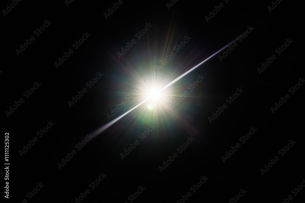 Poster Easy to add lens flare effects for overlay designs or screen blending mode to make high-quality images. Abstract sun burst, digital flare, iridescent glare over black background.