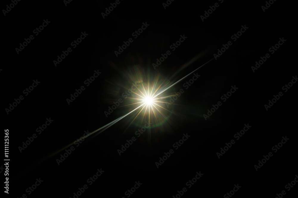 Aufkleber Easy to add lens flare effects for overlay designs or screen blending mode to make high-quality images. Abstract sun burst, digital flare, iridescent glare over black background.