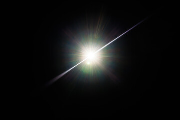 Easy to add lens flare effects for overlay designs or screen blending mode to make high-quality images. Abstract sun burst, digital flare, iridescent glare over black background.
