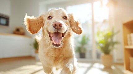 A happy golden retriever dashes inside a sunlit room, its ears flapping energetically, creating a joyful and lively atmosphere filled with playful exuberance.