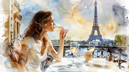 Woman enjoys wine with Eiffel Tower view.