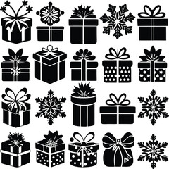 set of line art Christmas gift icon silhouette on white background
