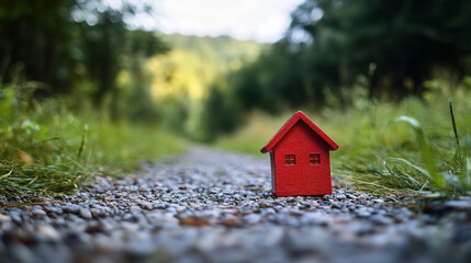 Red House Model on Gravel Path  Nature Background  Dream Home  Rural Setting  Real Estate