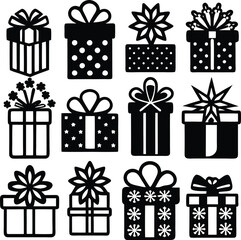 set of line art Christmas gift icon silhouette on white background
