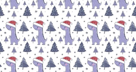 Obraz premium Cute purple dinosaurs in Santa hats, Christmas trees, and snow. 