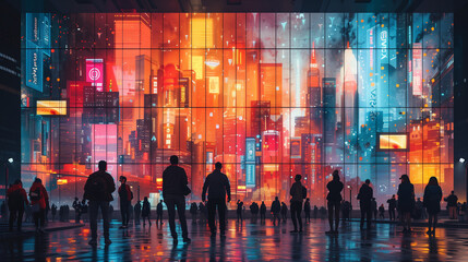 Fototapeta premium People standing before a colorful, futuristic cityscape displayed on large screens.