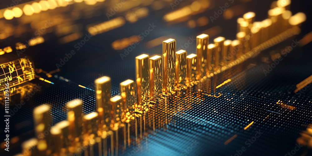 Poster golden bars rise in digital graph, symbolizing growth and success in futuristic setting. image conve