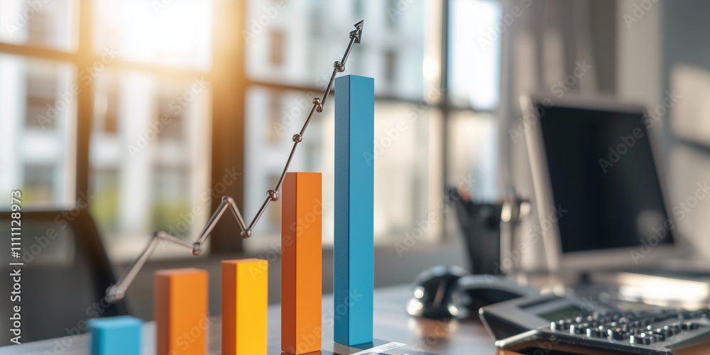 Poster dynamic bar graph illustrating relationship between data points and growth trends is displayed on office desk, with sunlight streaming through window, creating professional atmosphere