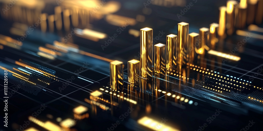Aufkleber golden bars rise in digital graph, symbolizing financial growth and success in futuristic setting. g