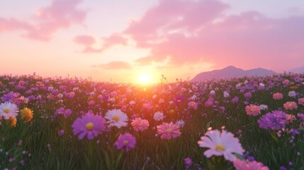 A Field of Wildflowers at Sunset with Mountains in the Distance