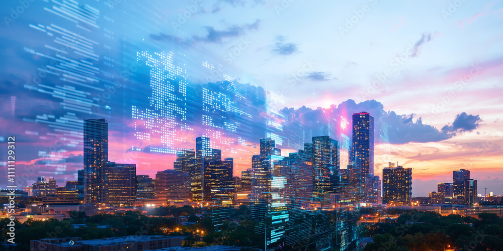 Poster vibrant city skyline at dusk with holographic projections illuminating sky, creating futuristic and dynamic atmosphere. blend of technology and urban landscape is captivating