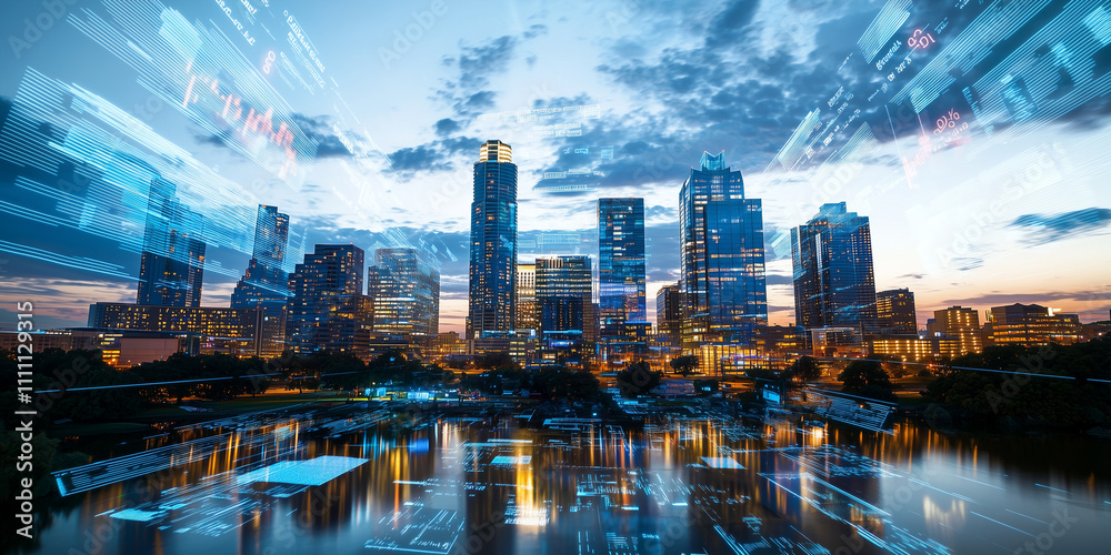 Poster vibrant city skyline at dusk with holographic projections illuminating sky, reflecting on water belo