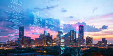 vibrant city skyline at dusk with holographic projections illuminating sky, creating futuristic and dynamic atmosphere. blend of technology and urban landscape is captivating