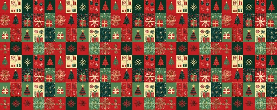 seamless pattern of Christmas patchwork design red green festive holiday cheer 