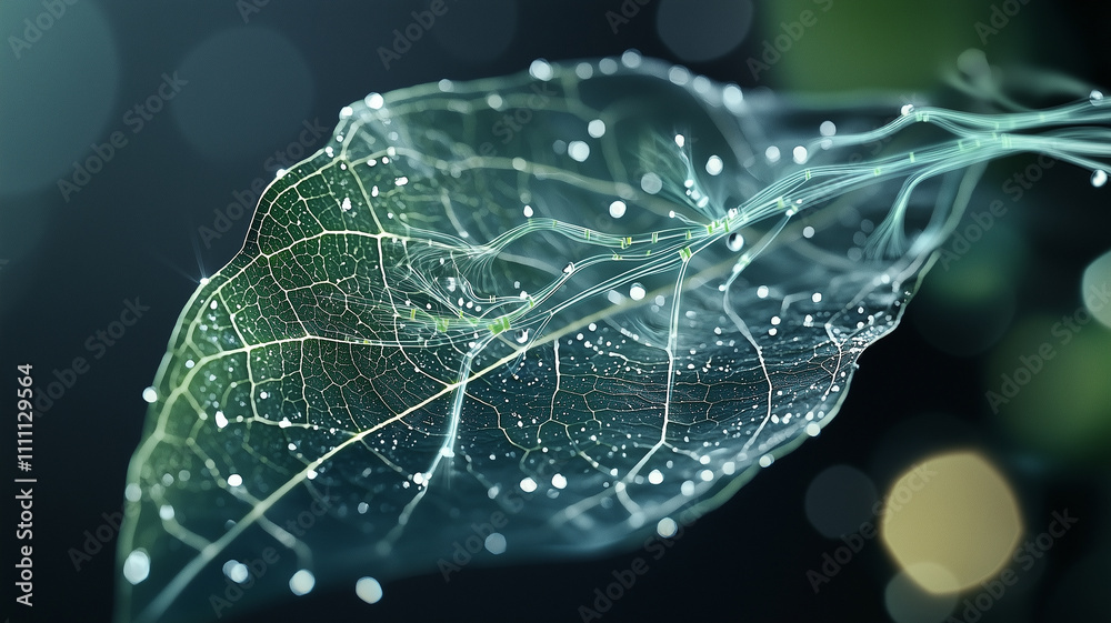 Poster close up of plant leaf with droplets of water highlighting its intricate vein structure, creating de