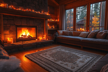 Fototapeta premium Cozy Cabin Fireplace Scene With Candles And Sofa