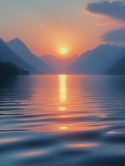 Serene sunset over calm lake surrounded by mountains. Warm colors reflect on water surface. Peaceful scenery. Ideal for nature lovers or anyone seeking tranquility.