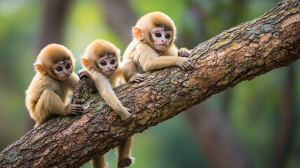 A baby monkey climbing a tree for the first time, learning balance and coordination with its family.
