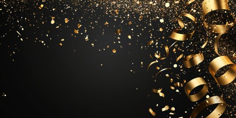 Luxurious black backdrop with shimmering golden confetti and glitter falling down. Right side open for text placement. Elegant design for New Year's celebrations