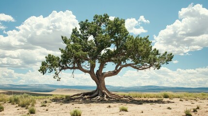 Defying the odds: a lone tree grows in the desert, its roots prominently visible, symbolizing survival and strength.