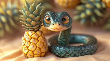 Fototapeta premium cute green snake with big eyes, pineapple nearby, wallpaper