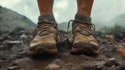 Naklejka premium Dusty trail shoes tread firmly on rocky terrain, capturing the spirit of resilience and outdoor athleticism.