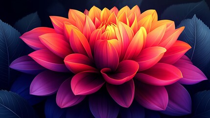 Fototapeta premium Vibrant, close-up view of a large, colorful dahlia flower with deep red, orange, and yellow petals against a dark background.
