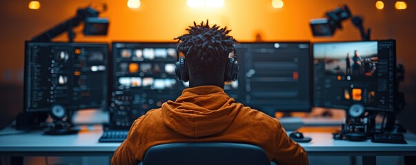 Man wearing headphones working on multiple monitors in video editing software. Creative workspace with warm orange lighting