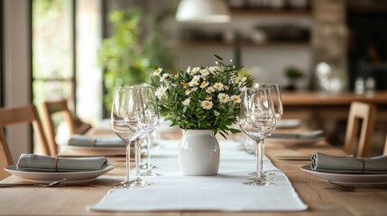 Dining table with white vase of daisies, wine glasses, and napkins in natural light.
