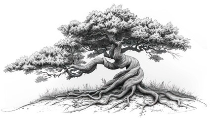 Detailed grayscale drawing of an ancient bonsai tree with exposed roots.