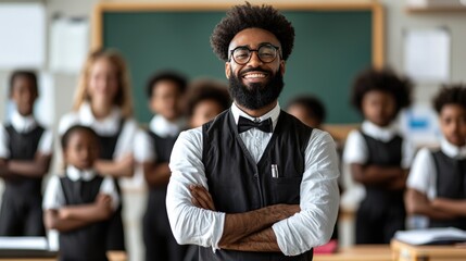 Fototapeta premium Confident teacher smiling in front of students in a classroom. Classroom environment with children wearing uniforms and a green chalkboard in the background.