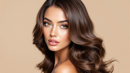 Fototapeta premium A stunning woman with soft waves and striking features exudes confidence and grace in a neutral backdrop