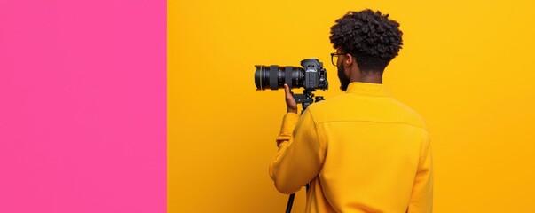 Back view of a photographer wearing yellow jacket holding a camera on tripod against a split pink and yellow background. Studio photography concept.