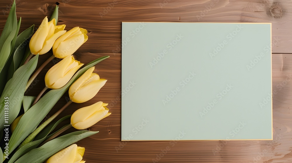 Canvas Prints Blank green card with golden edges placed beside a bouquet of yellow tulips on a wooden background. Flat lay composition. Design for greeting cards, invitations, and spring themes.

