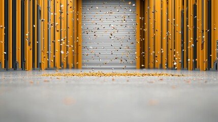 Obraz premium Falling golden and metallic confetti in an industrial setting with storage units in the background