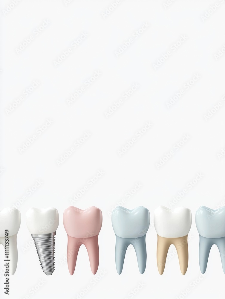Poster Schematic representation showing a row of teeth with colored dental implants set against a clean white background, allowing space for additional text. Generative AI