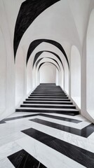 Obraz premium A stunning monochrome hallway with a staircase leads to an unknown destination. The black and white geometric patterns create a visually striking contrast.