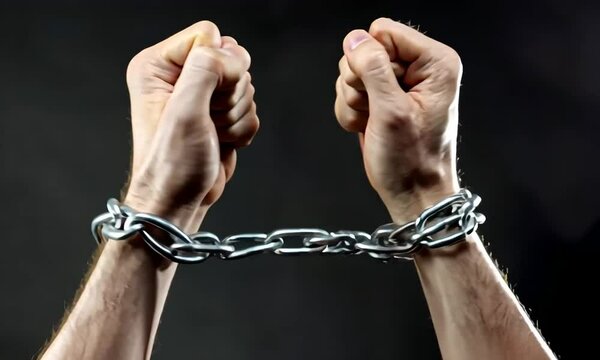 Concept: credit, loan, debt slavery. Hands are tied with thick metal chains.