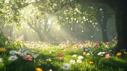 Fototapeta premium Sunbeams Illuminating a Spring Meadow with Blossoming Flowers