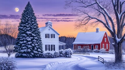 night with moon in the sky in winter on a street with houses and snow