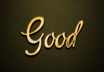 Old gold text effect of word Good with 3D glossy style Mockup.