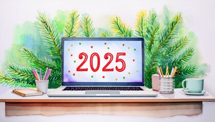 Laptop with numbers 2025 on the screen on a desktop and Christmas tree with lights in the background. Watercolor illustration, business postcard template.